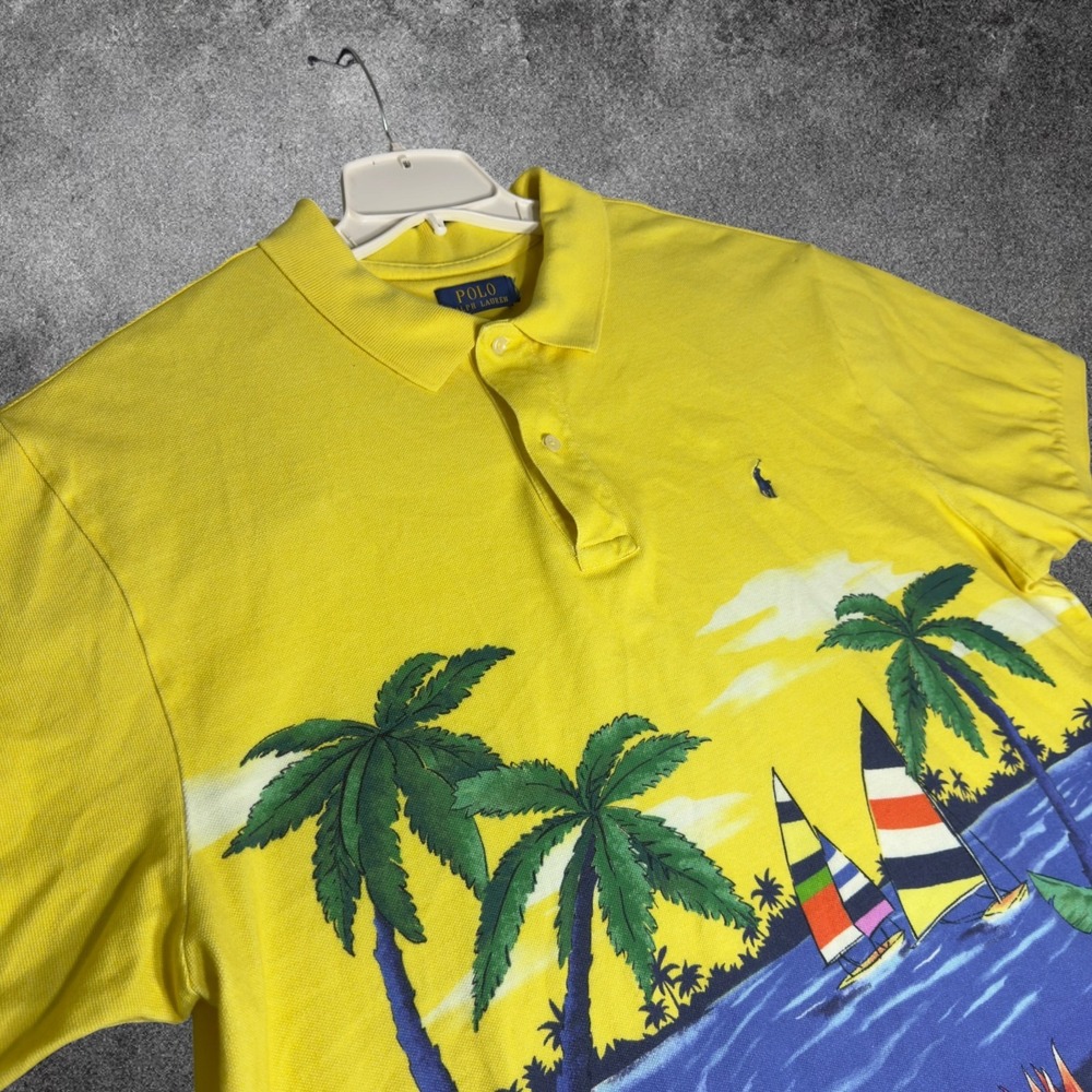 Polo Ralph Lauren Mens XXL Tropical Hawaiian Polo Sailboat Palm Tree Yellow